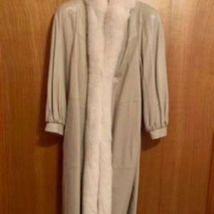 Cream Leather Coat with Fox trim